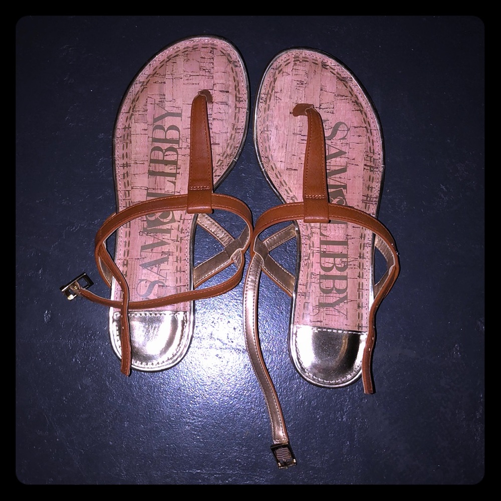 brown sandals with gold trim & buckle strap